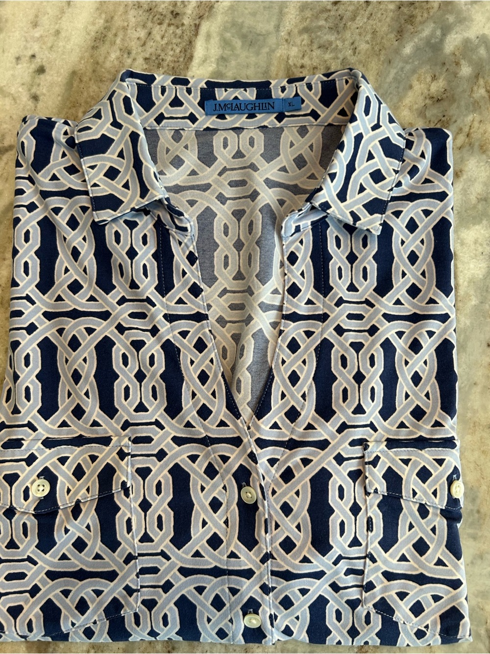 J. McLaughlin Navy and White Geometric Print Button-Up Top
